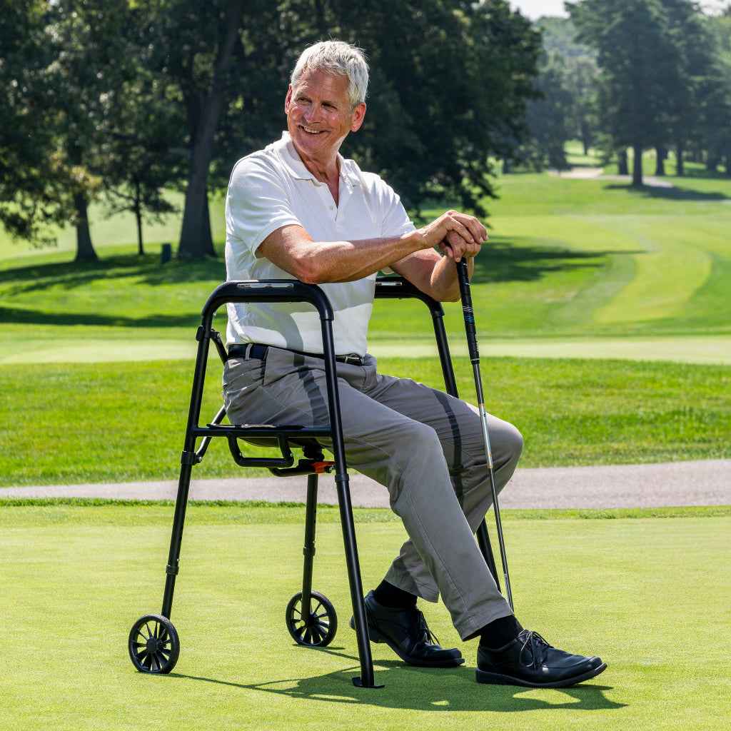 Man seated on an MD by Drive Air-Go walker outdoors